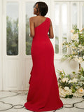 Sheath/Column Stretch Crepe Ruched One-Shoulder Sleeveless Sweep/Brush Train Bridesmaid Dresses TPP0004982