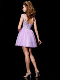 A-Line/Princess Bateau Short Sleeves Beading Short Satin Homecoming Dresses TPP0008722