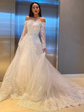 A-Line/Princess Lace Applique Off-the-Shoulder Long Sleeves Sweep/Brush Train Wedding Dresses TPP0006083