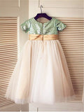 A-line/Princess Short Sleeves Scoop Sequin Tea-Length Tulle Flower Girl Dresses TPP0007865