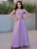 A-Line/Princess Tulle Ruched V-neck Short Sleeves Floor-Length Junior/Girls Bridesmaid Dresses TPP0005881