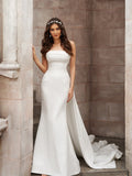 Sheath/Column Satin Ruched Strapless Sleeveless Court Train Wedding Dresses TPP0006447