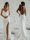 Sheath/Column Spaghetti Straps Ruched Sleeveless Sweep/Brush Train Wedding Dresses TPP0006512