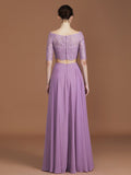 A-Line/Princess Lace Off-the-Shoulder 1/2 Sleeves Floor-Length Chiffon Bridesmaid Dress TPP0005799