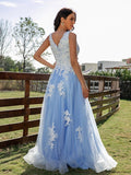 A-Line/Princess Tulle Applique V-neck Sleeveless Sweep/Brush Train Dresses TPP0001441