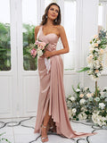 Sheath/Column Charmeuse Ruched One-Shoulder Sleeveless Floor-Length Bridesmaid Dresses TPP0004892