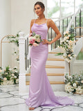 Sheath/Column Charmeuse Ruched Square Sleeveless Sweep/Brush Train Bridesmaid Dresses TPP0004912