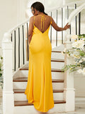 Sheath/Column Jersey Ruched Spaghetti Straps Sleeveless Sweep/Brush Train Bridesmaid Dresses TPP0004988