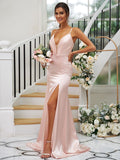 Sheath/Column Silk like Satin Ruched V-neck Sleeveless Sweep/Brush Train Bridesmaid Dresses TPP0004907