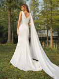 Sheath/Column Satin Ruched Scoop Sleeveless Sweep/Brush Train Wedding Dresses TPP0006592