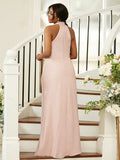 Sheath/Column Silk like Satin Ruched Halter Sleeveless Floor-Length Bridesmaid Dresses TPP0004984