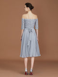 A-Line/Princess Off-the-Shoulder Short Sleeves Lace Tea-Length Chiffon Bridesmaid Dress TPP0005561