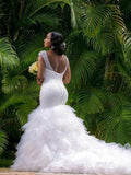 Trumpet/Mermaid V-neck Sleeveless Cathedral Train Beading Tulle Wedding Dresses TPP0006330