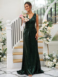 Sheath/Column Sequins Ruched V-neck Sleeveless Sweep/Brush Train Bridesmaid Dresses TPP0004958