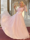 A-Line/Princess Tulle Applique V-neck Long Sleeves Floor-Length Dresses TPP0004855