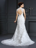 Sheath/Column V-neck Beading Sleeveless Long Lace Wedding Dresses TPP0006318