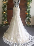 Trumpet/Mermaid Tulle Lace V-neck Sleeveless Sweep/Brush Train Wedding Dresses TPP0006389