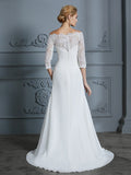 Trumpet/Mermaid 1/2 Sleeves Off-the-Shoulder Sweep/Brush Train Chiffon Wedding Dresses TPP0006184