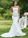 Trumpet/Mermaid Satin Ruched Strapless Sleeveless Sweep/Brush Train Wedding Dresses TPP0006371