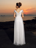 A-Line/Princess Off-the-Shoulder Beading Short Sleeves Long Tulle Beach Wedding Dresses TPP0006636