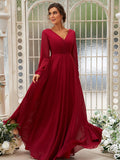 A-Line/Princess Chiffon Ruched V-neck Long Sleeves Floor-Length Bridesmaid Dresses TPP0004950