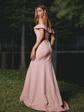 Sheath/Column Stretch Crepe Ruffles Off-the-Shoulder Sleeveless Sweep/Brush Train Bridesmaid Dresses TPP0004955