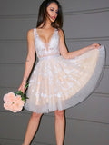 A-Line/Princess V-neck Tulle Applique Sleeveless Short/Mini Homecoming Dresses TPP0003503