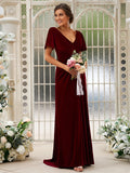 A-Line/Princess Velvet Ruched V-neck Short Sleeves Sweep/Brush Train Bridesmaid Dresses TPP0004940