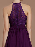 A-Line/Princess Halter Sleeveless Lace Short/Mini Chiffon Bridesmaid Dresses TPP0005132