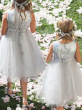 A-Line/Princess Hand-Made Flower Tulle Scoop Sleeveless Tea-Length Flower Girl Dresses TPP0007882