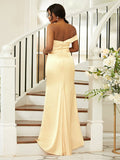 Sheath/Column Elastic Woven Satin Ruched One-Shoulder Sleeveless Sweep/Brush Train Bridesmaid Dresses TPP0004986