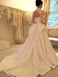 Ball Gown Satin Lace High Neck Long Sleeves Chapel Train Wedding Dresses TPP0006858