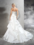 Sheath/Column Strapless Pleats Sleeveless Long Satin Wedding Dresses TPP0006965