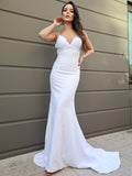 Sheath/Column Stretch Crepe Lace V-neck Sleeveless Sweep/Brush Train Wedding Dresses TPP0007018