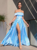 A-Line/Princess Satin Ruffles Off-the-Shoulder Sleeveless Sweep/Brush Train Dresses TPP0001503