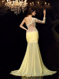 Trumpet/Mermaid One-Shoulder Applique Long Sleeves Long Chiffon Dresses TPP0003502