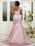 Sheath/Column Satin Lace One-Shoulder Sleeveless Sweep/Brush Train Bridesmaid Dresses TPP0004972