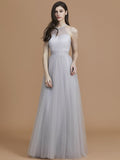 A-Line/Princess Halter Sleeveless Floor-Length Ruffles Tulle Bridesmaid Dresses TPP0005376