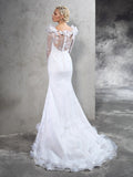 Sheath/Column Sheer Neck Hand-Made Flower Long Sleeves Long Satin Wedding Dresses TPP0006923