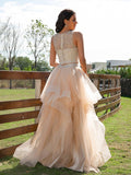 A-Line/Princess Tulle Beading Scoop Sleeveless Floor-Length Two Piece Dresses TPP0001419