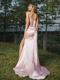 Sheath/Column Silk like Satin Ruched Sweetheart Sleeveless Sweep/Brush Train Bridesmaid Dresses TPP0004946