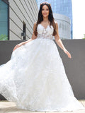 A-Line/Princess Tulle Applique V-neck Sleeveless Floor-Length Wedding Dresses TPP0006313