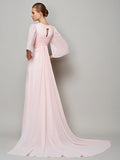 A-Line/Princess High Neck 1/2 Sleeves Beading Long Chiffon Mother of the Bride Dresses TPP0007088