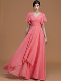 A-Line/Princess V-neck Short Sleeves Floor-Length Ruched Chiffon Bridesmaid Dresses TPP0005041