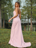 A-Line/Princess Stretch Crepe Ruched V-neck Sleeveless Sweep/Brush Train Bridesmaid Dresses TPP0005009