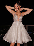 A-Line/Princess Sleeveless V-neck Tulle Beading Short/Mini Homecoming Dresses TPP0004065