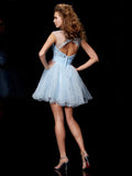 A-Line/Princess Scoop Sleeveless Beading Short Elastic Woven Satin Homecoming Dresses TPP0008444