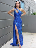 Sheath/Column Sequins Ruched One-Shoulder Sleeveless Sweep/Brush Train Dresses