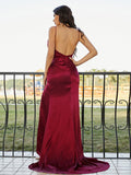 Sheath/Column Silk like Satin Ruched V-neck Sleeveless Sweep/Brush Train Dresses TPP0001523