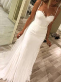 Sheath/Column Sweetheart Spaghetti Straps Sleeveless Sweep/Brush Train Lace Wedding Dresses TPP0006236